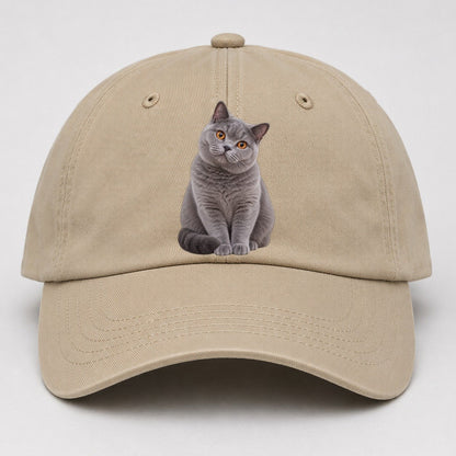 British Shorthair Seated Portrait Realistic Cat Portrait Baseball Cap – Khaki