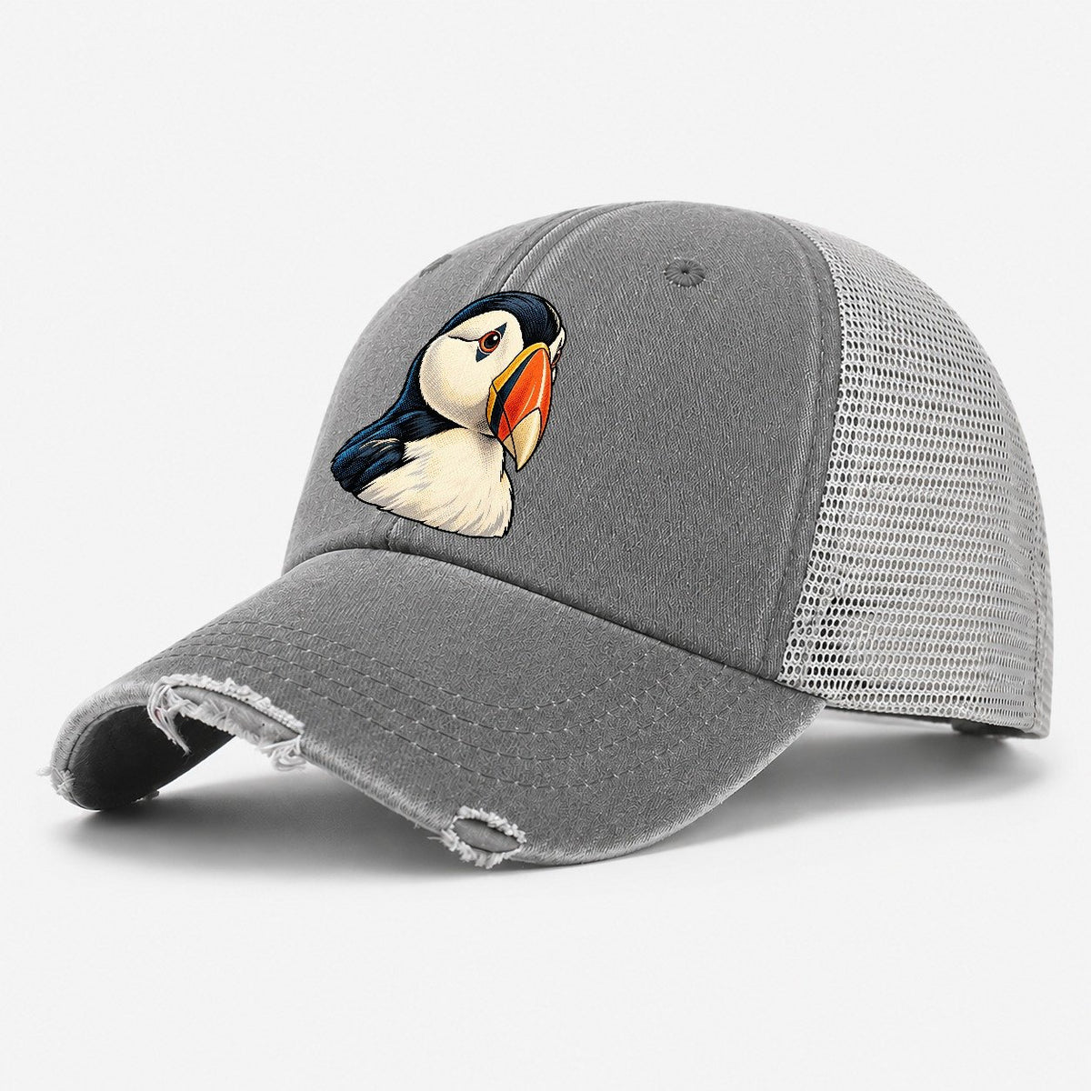 Puffin Portrait Washed Trucker Hat – Grey