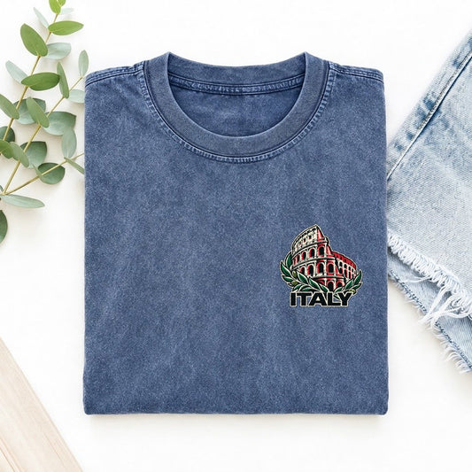 Italy Country Pride Left Chest Vintage T-shirt – Washed Blue
