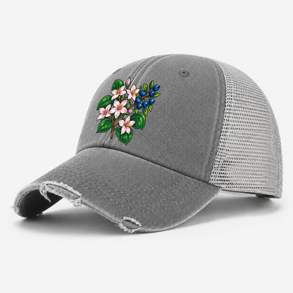 Nova Scotia Mayflower And Wild Blueberries Canada Cultural Icons Washed Trucker Hat – Grey