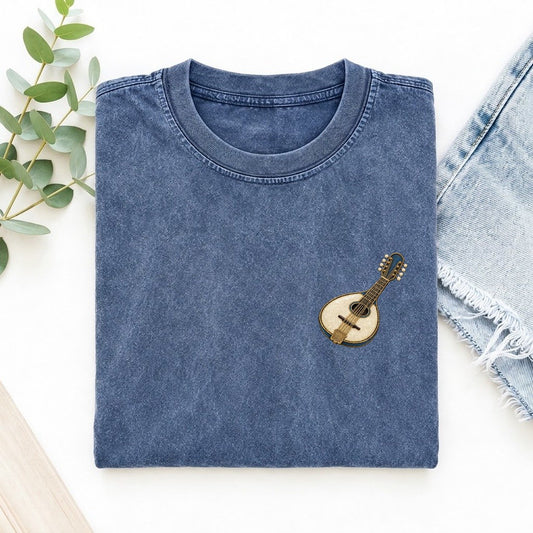 Mandolin Pear Body Keepsake Emblem Left Chest Vintage T-shirt – Washed Blue
