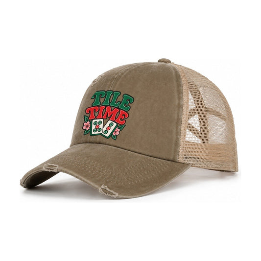 Tile Time Mahjong Game Night Women's Ponytail Trucker Hat – Taupe Khaki