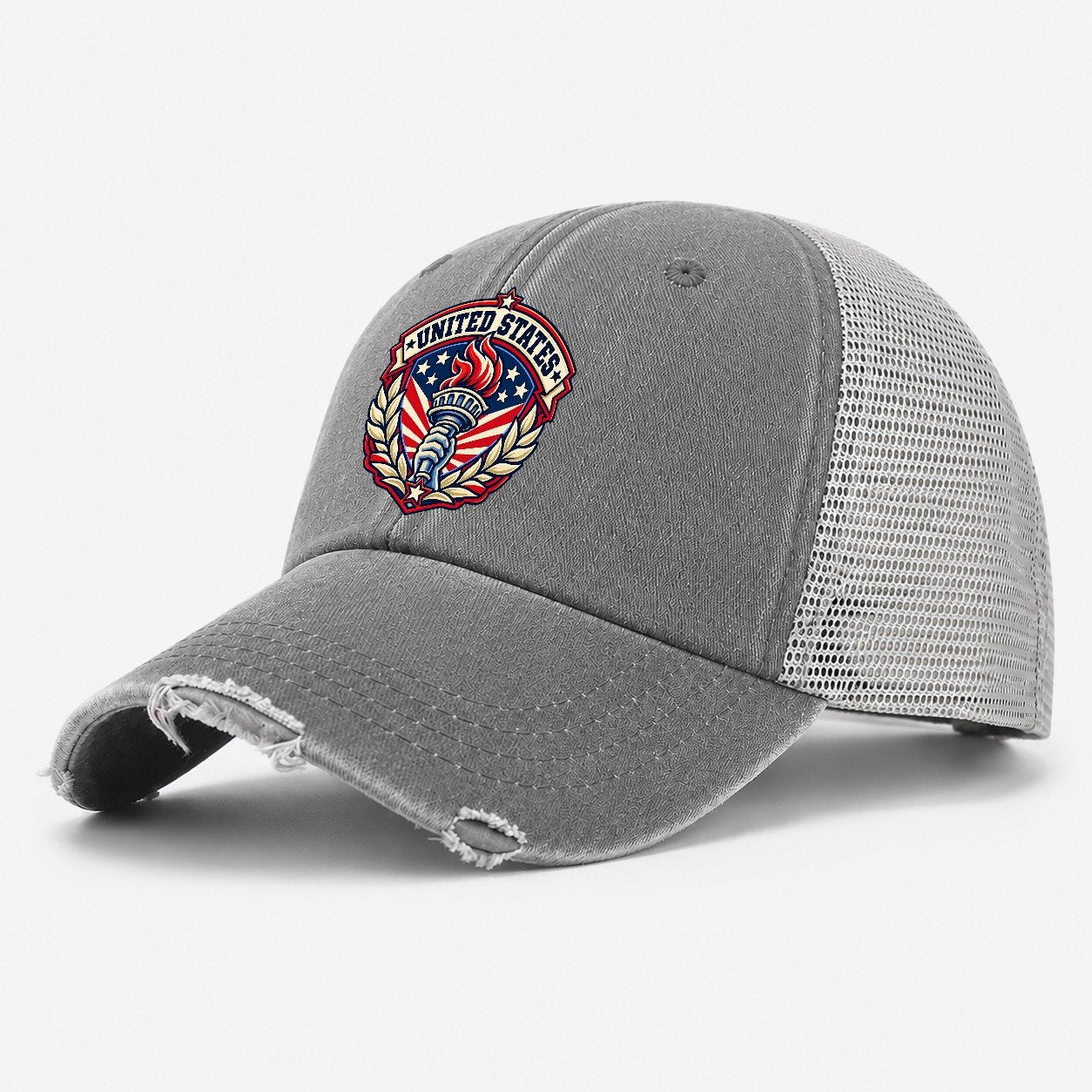 United States Retro Badge Country Logos Washed Trucker Hat – Grey