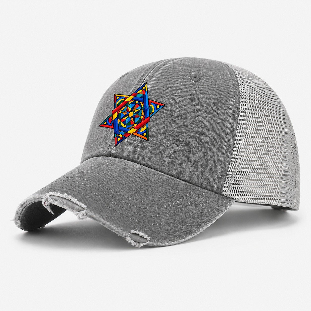 Star Of David Geometric Bauhaus Judaism Heritage Washed Trucker Hat – Grey