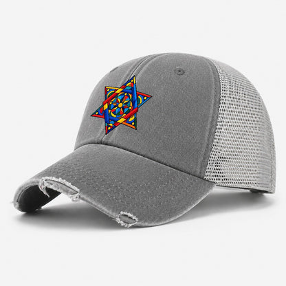Star Of David Geometric Bauhaus Judaism Heritage Washed Trucker Hat – Grey