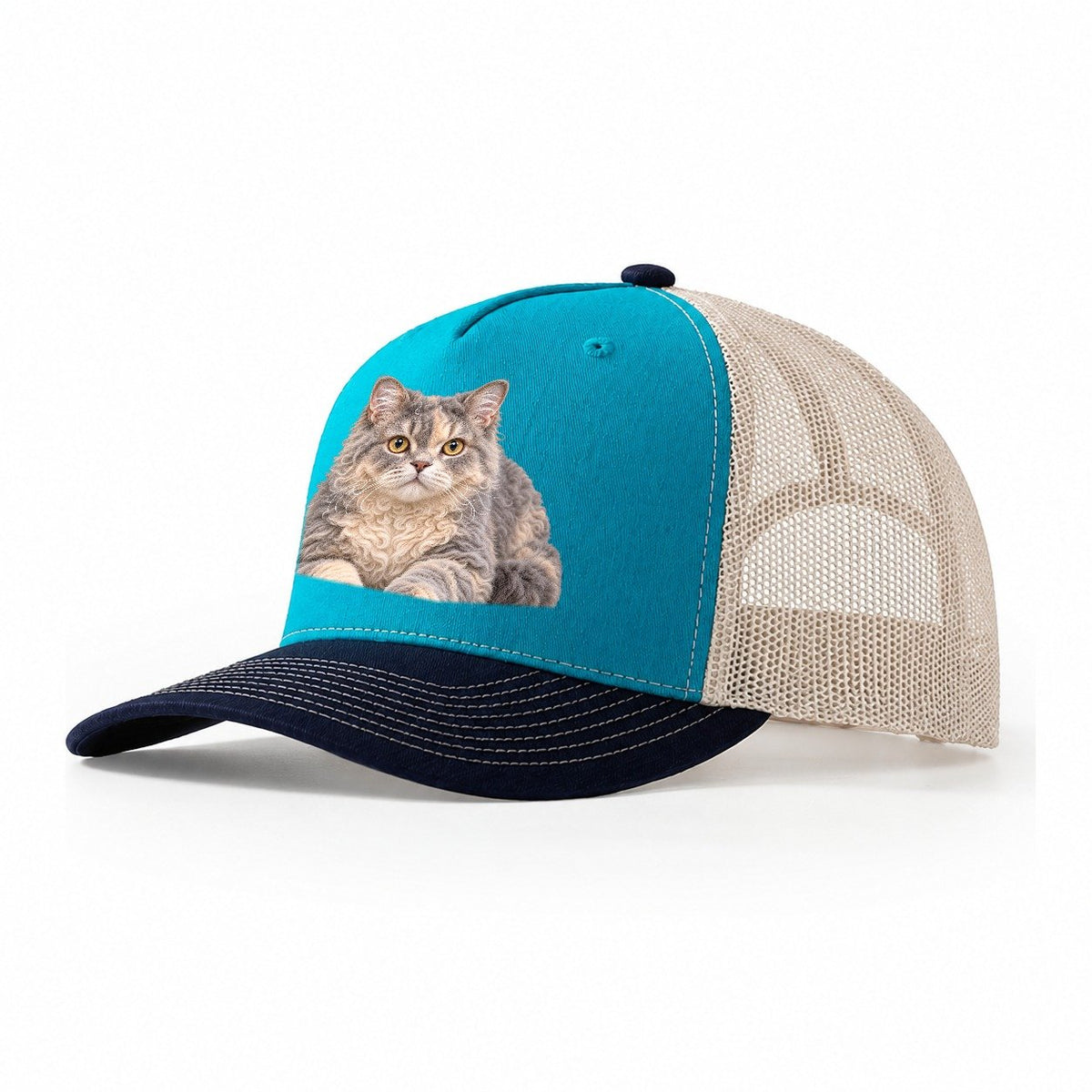 Selkirk Rex Reclining Paws Forward Realistic Cat Portrait Trucker Hat – Teal Navy