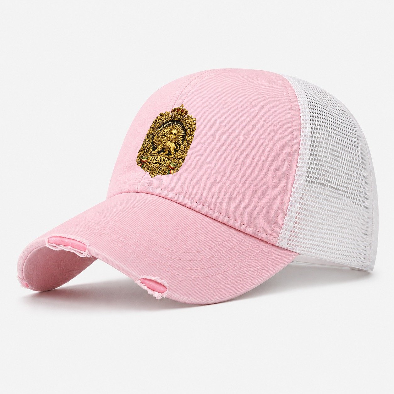 Iran Lion Sun Badge Washed Trucker Hat – Light Pink