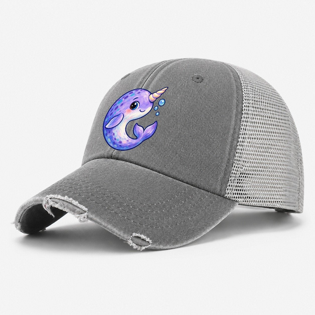 Narwhal Crescent Curl Sea Sprite Washed Trucker Hat – Grey