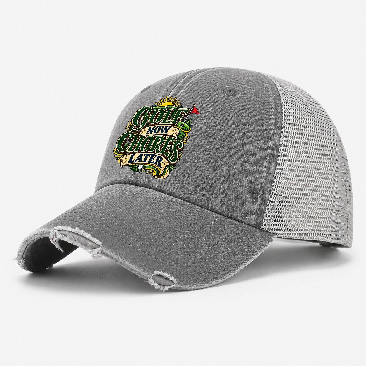 Golf Now Chores Later Retired Living Washed Trucker Hat – Grey