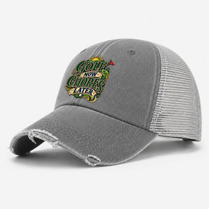 Golf Now Chores Later Retired Living Washed Trucker Hat – Grey