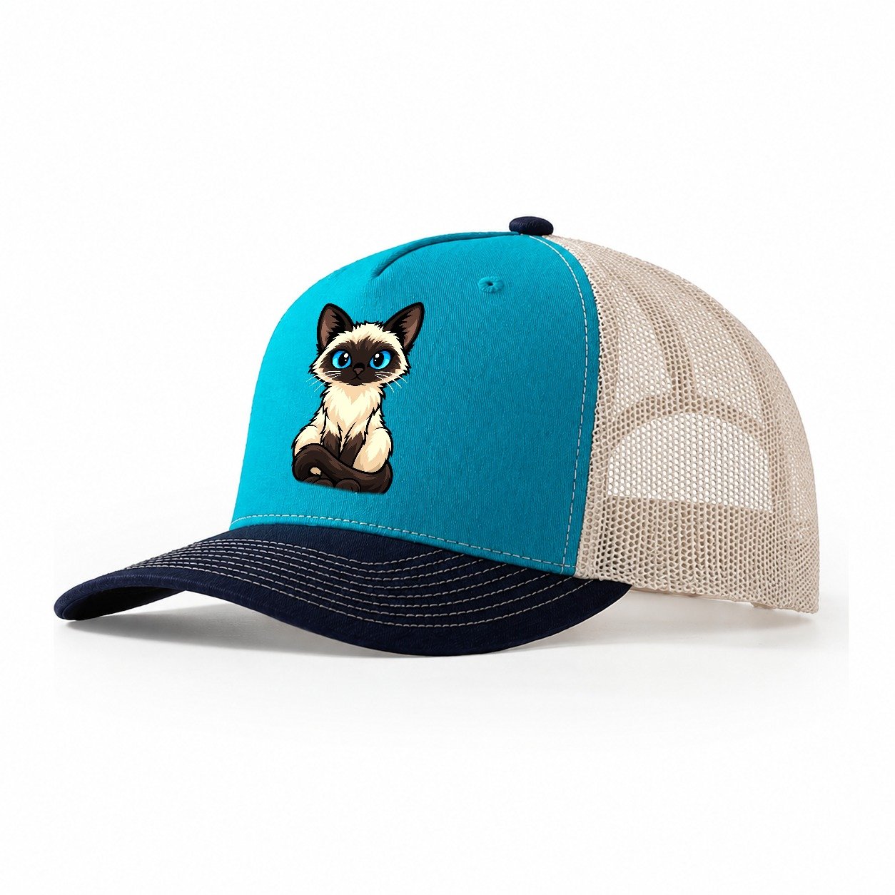 Siamese Sitting Tall Peeking Cats Trucker Hat – Teal Navy
