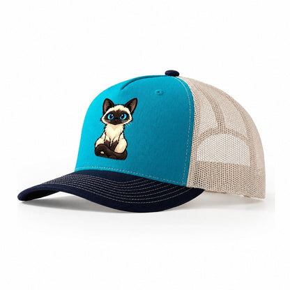 Siamese Sitting Tall Peeking Cats Trucker Hat – Teal Navy