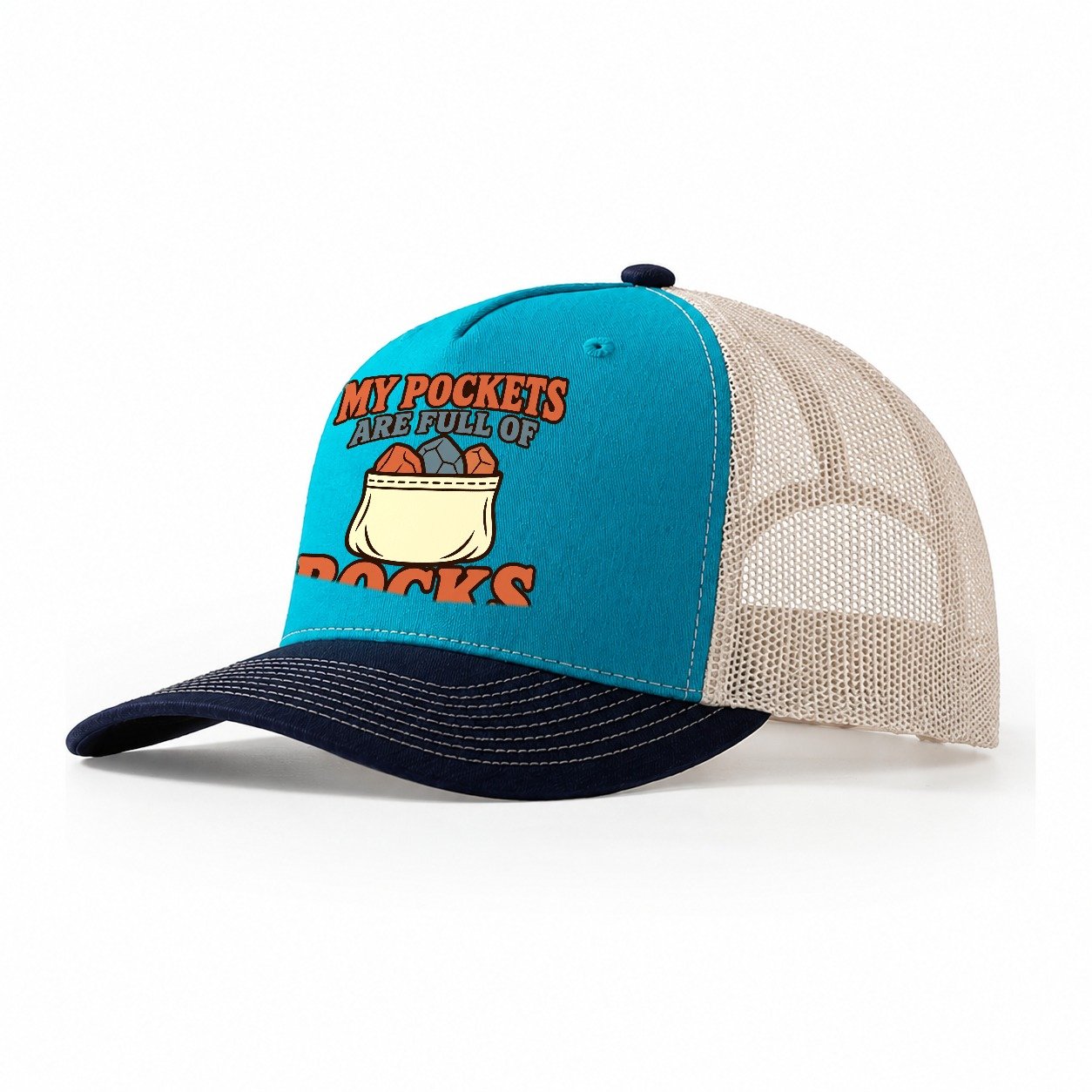 Overfilled Rock Pockets Rocks And Minerals Trucker Hat – Teal Navy
