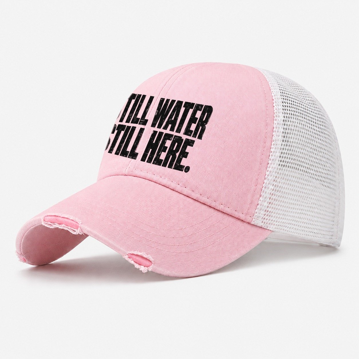 Still Water Still Here Fishing Club Washed Trucker Hat – Light Pink