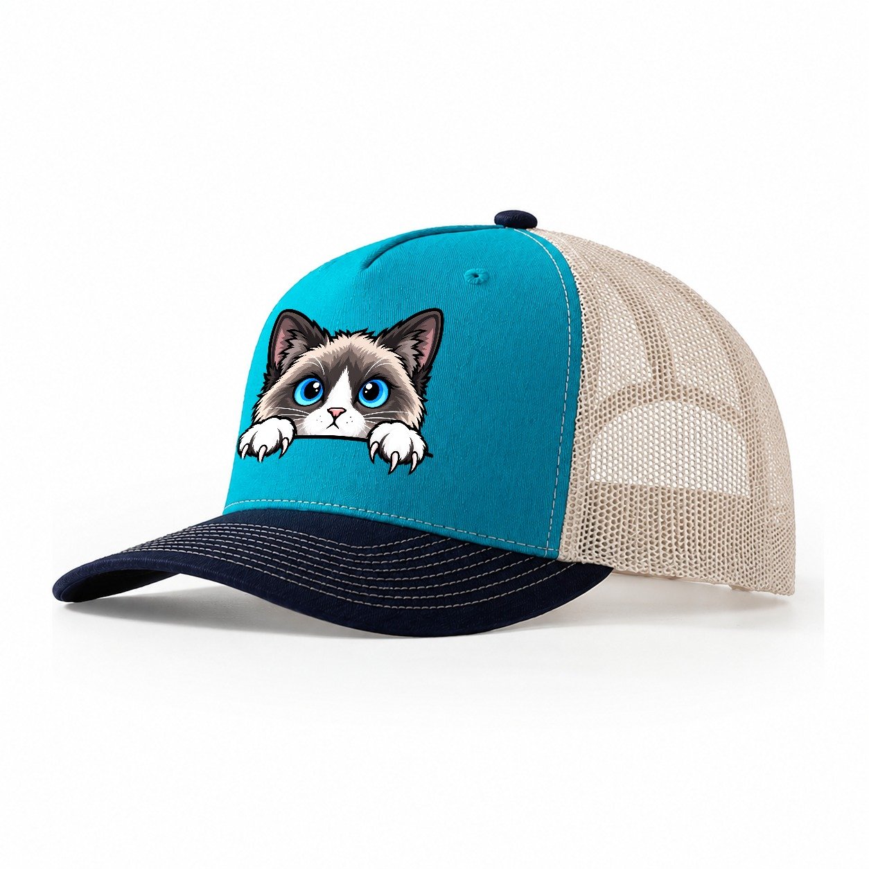 Snowshoe Cat Peeking Peeking Cats Trucker Hat – Teal Navy