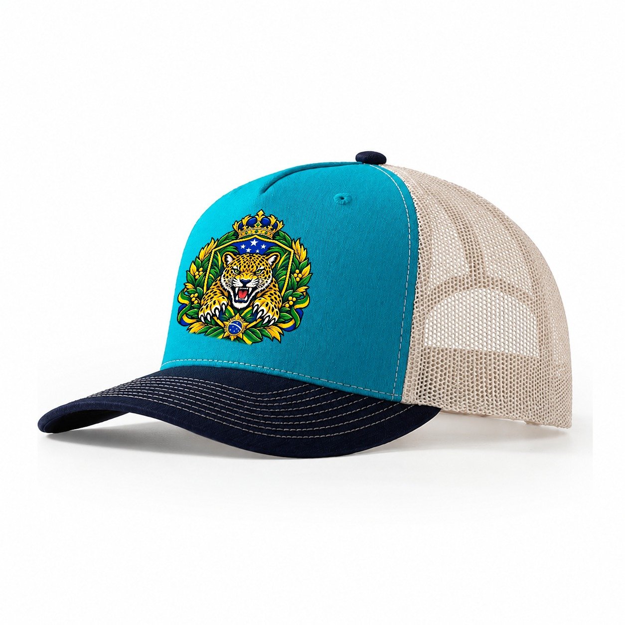 Brazil Heraldic Crest Country Logos Trucker Hat – Teal Navy