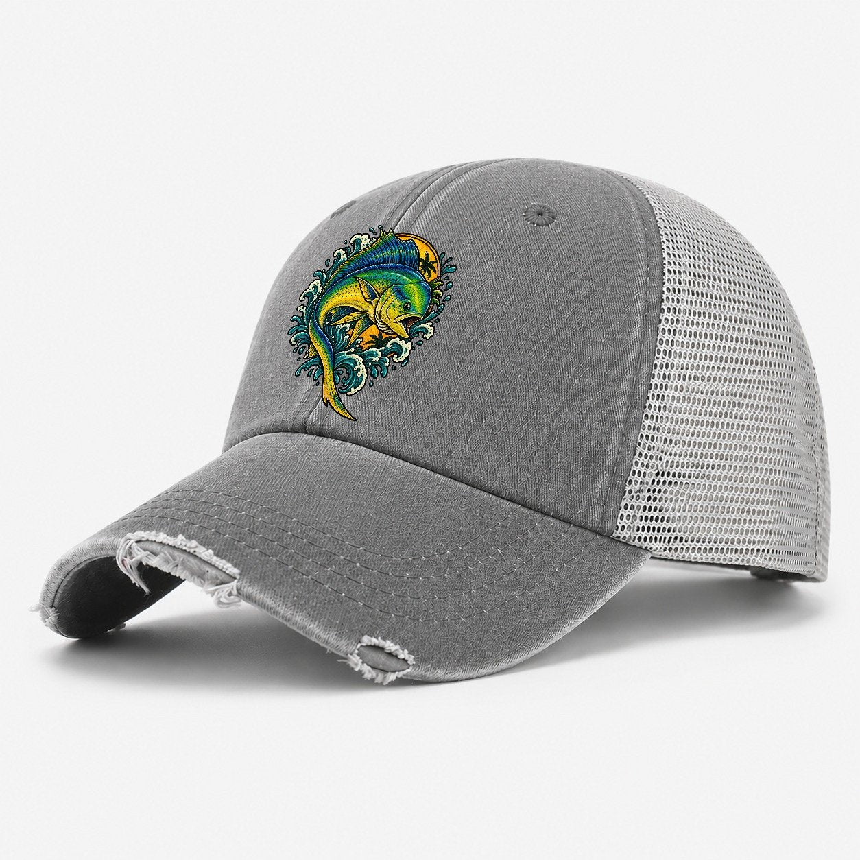 Mahi Mahi Blaze Fishing Club Washed Trucker Hat – Grey