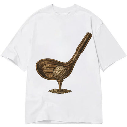 Golf Club And Ball Vintage Wood Driver With Dimpled Ball On Classic T-shirt – White
