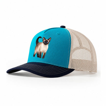 Siamese Standing Three Quarter Realistic Cat Portrait Trucker Hat – Teal Navy
