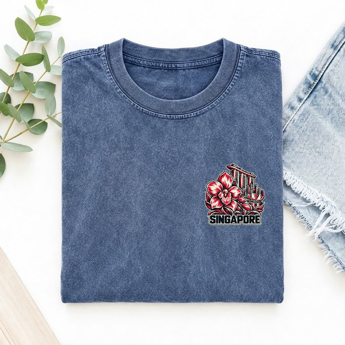 Singapore Country Pride Left Chest Vintage T-shirt – Washed Blue