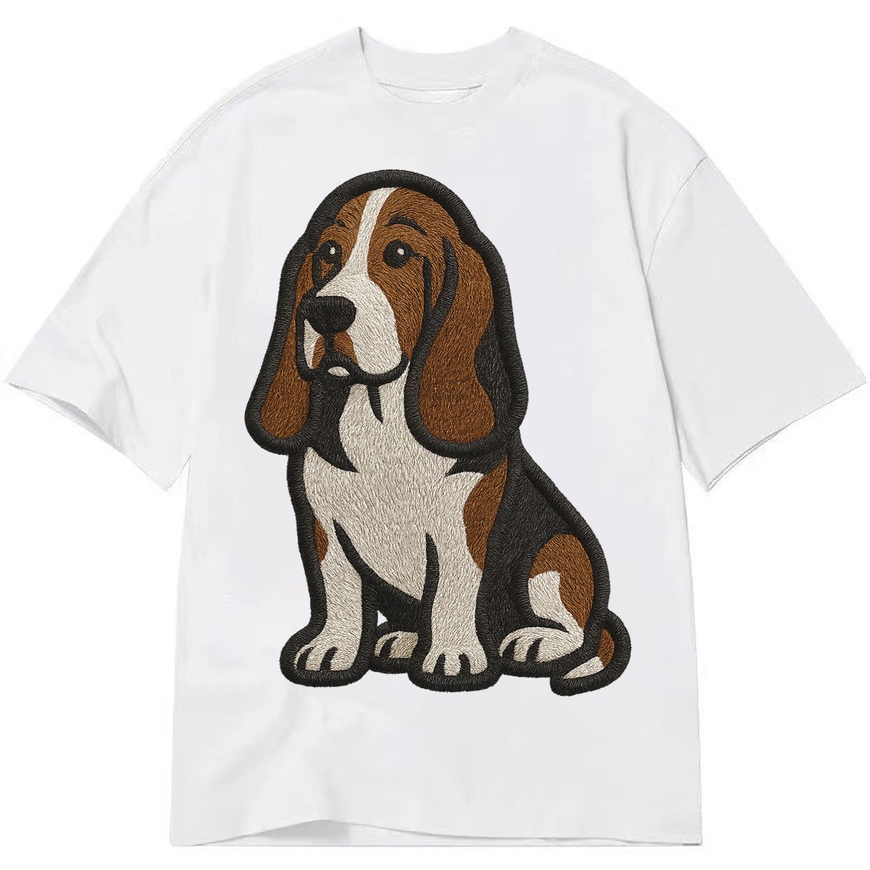 Basset Hound Tri Color Embroidered Sitting Pose Classic T-shirt – White