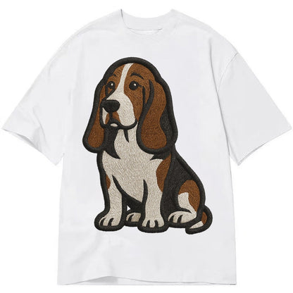 Basset Hound Tri Color Embroidered Sitting Pose Classic T-shirt – White