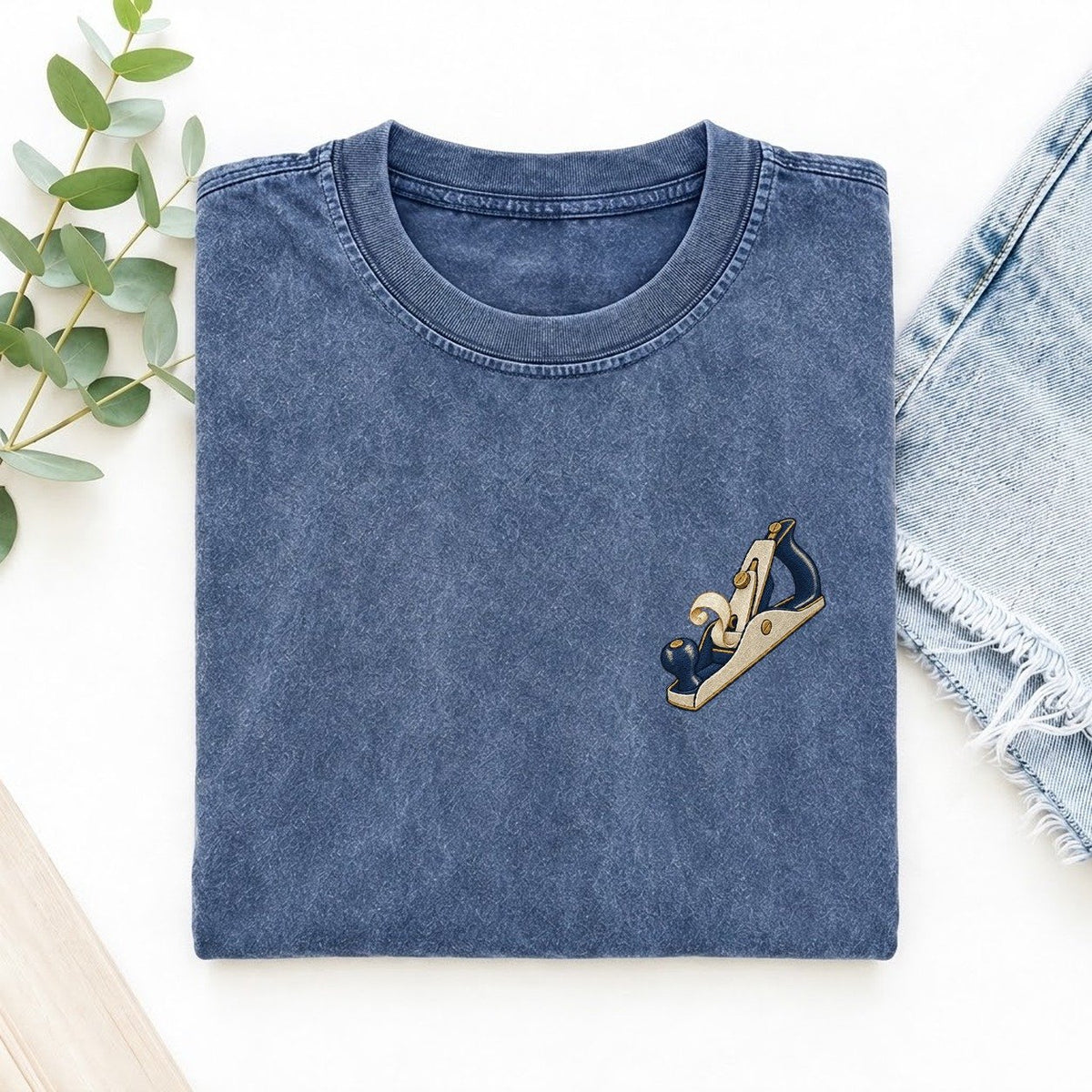 Wood Plane Symbol Emblems Left Chest Vintage T-shirt – Washed Blue