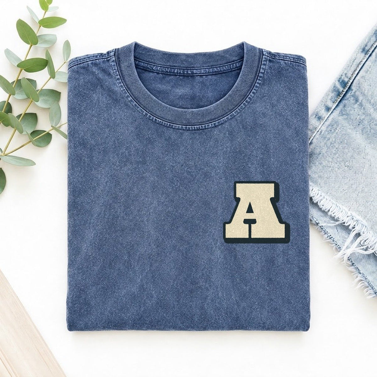 Initial A Left Chest Vintage T-shirt – Washed Blue