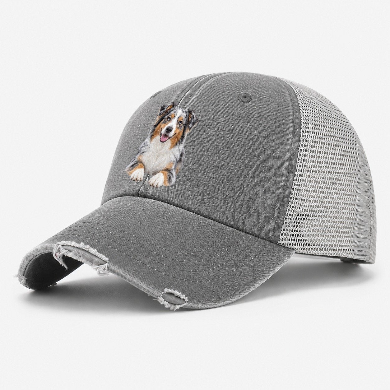 Australian Shepherd Sitting Top Breeds Washed Trucker Hat – Grey