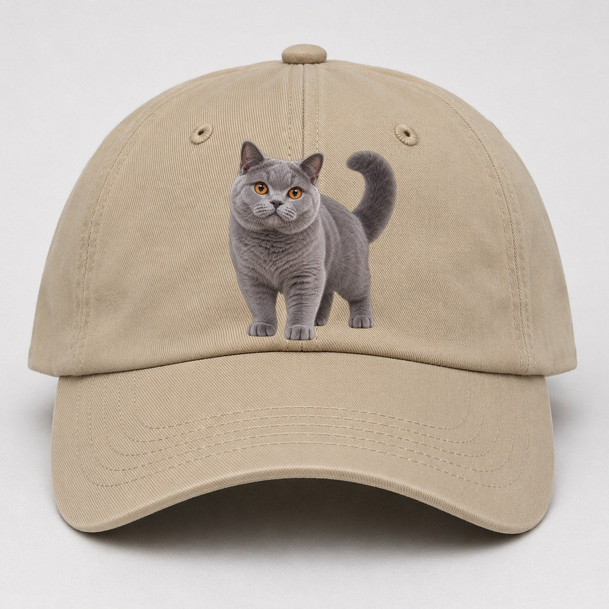 British Shorthair Standing Three Quarter Realistic Cat Portrait Baseball Cap – Khaki