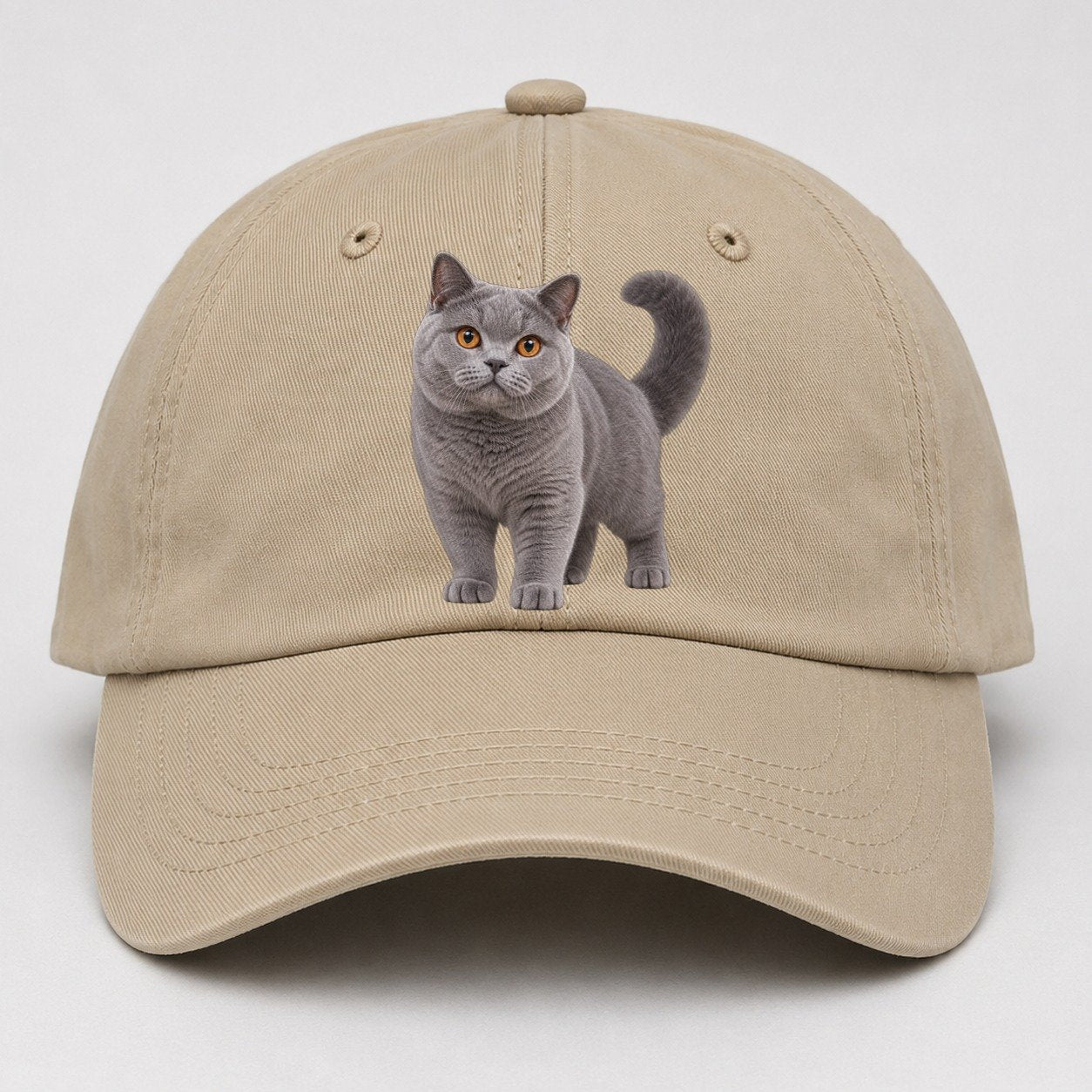 British Shorthair Standing Three Quarter Realistic Cat Portrait Baseball Cap – Khaki