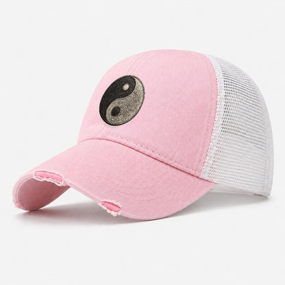 Mandala Yin Yang Pattern Design Washed Trucker Hat – Light Pink