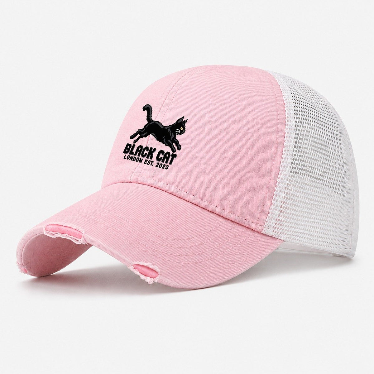 Black Cat London Pixel Art Washed Trucker Hat – Light Pink