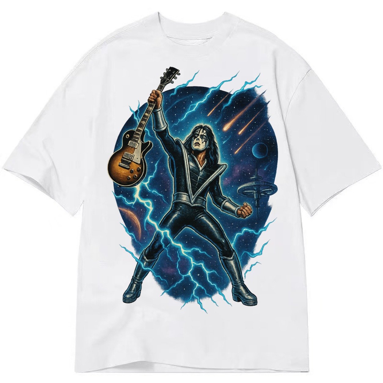 Ace Frehley Cosmic Solo Guitar Raised High Space Station Bac Classic T-shirt – White