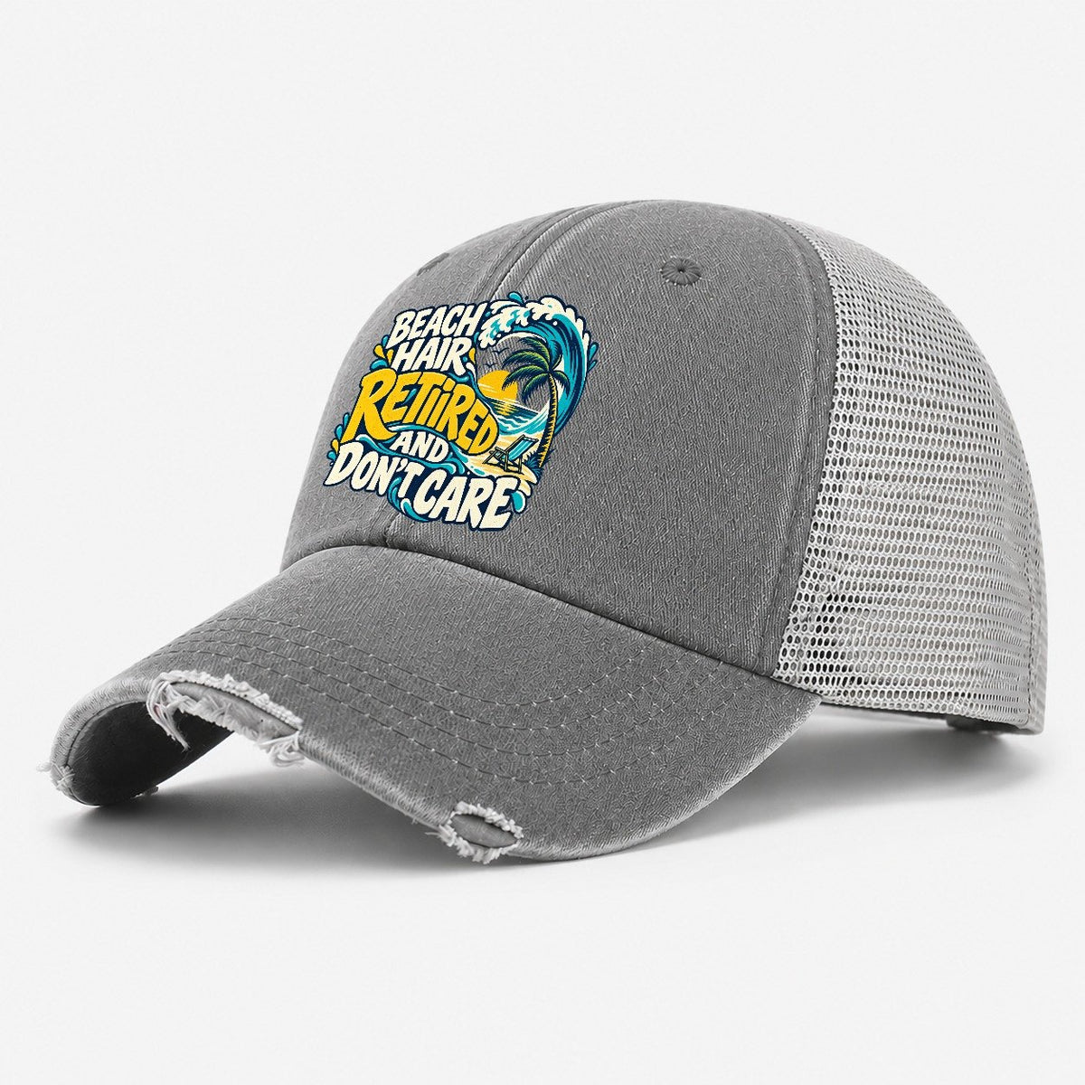 Beach Hair Retired And Don't Care Coastal Living Washed Trucker Hat – Grey