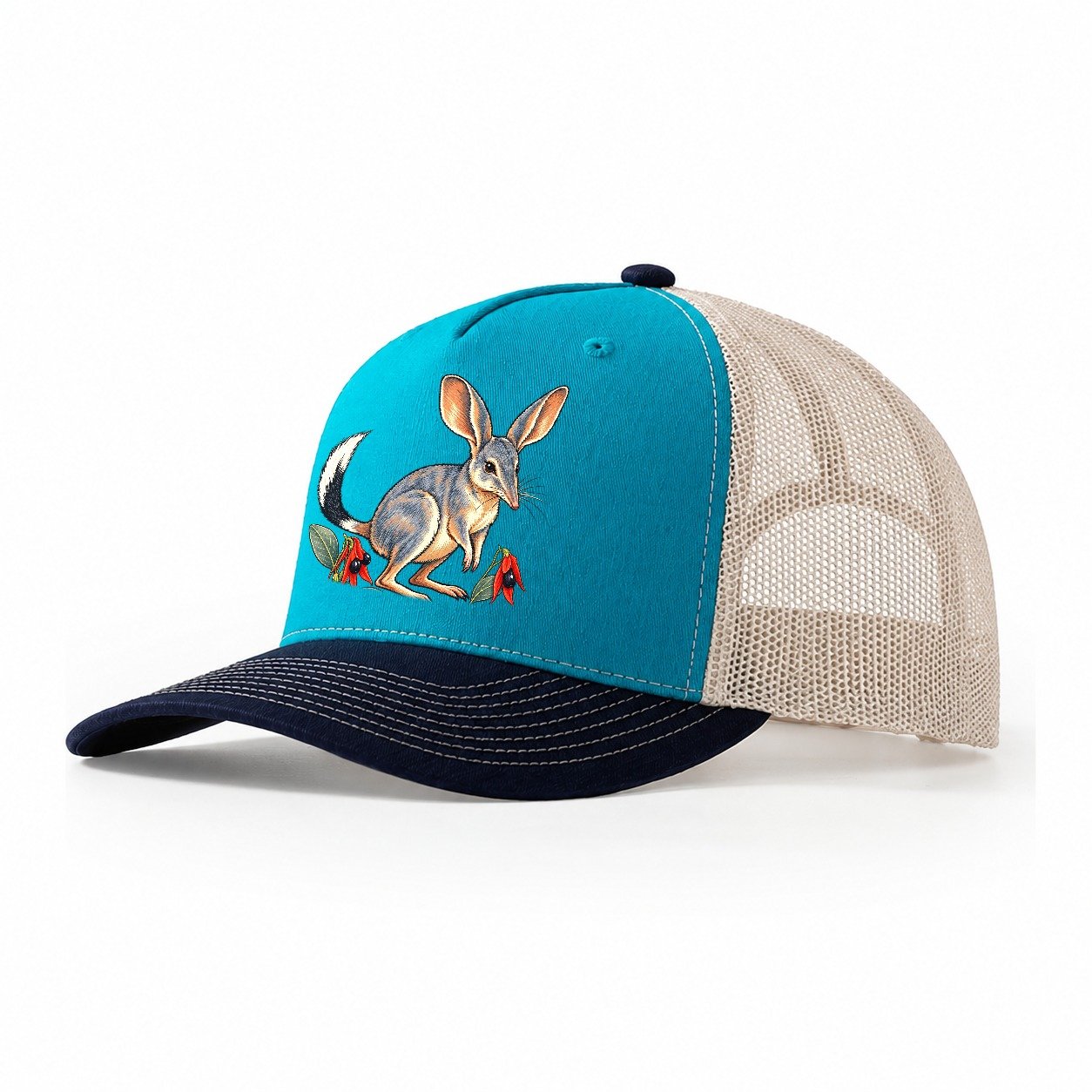 Greater Bilby And Sturt Desert Pea Australia Cultural Icons Trucker Hat – Teal Navy