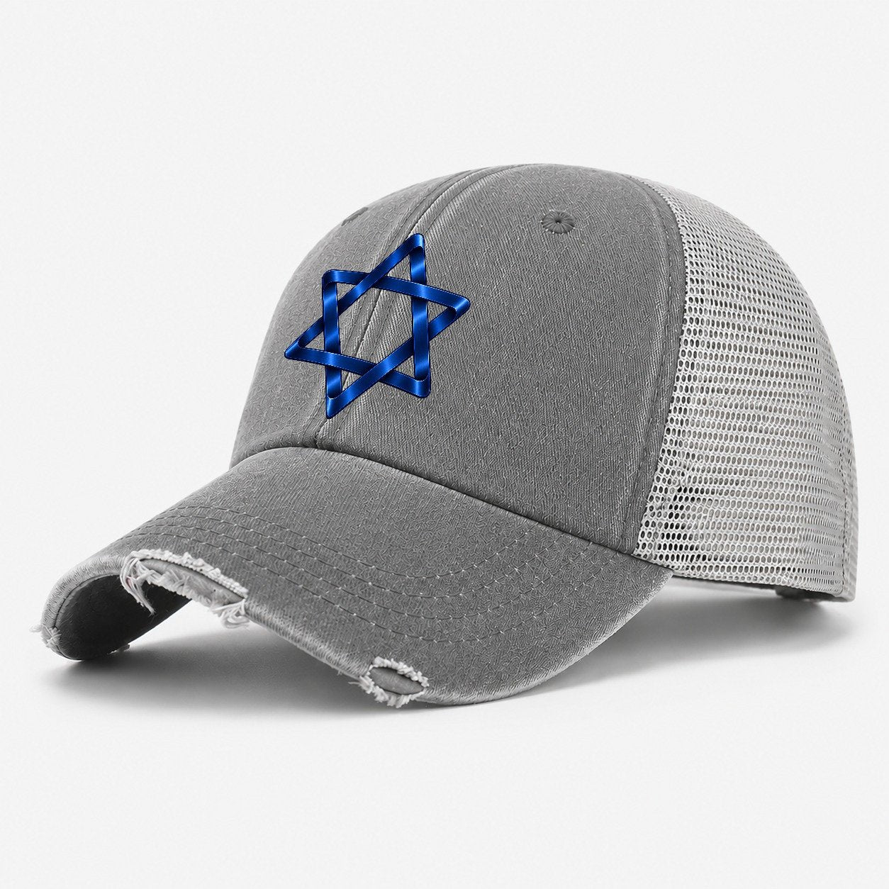 Star Of David Single Line Judaism Heritage Washed Trucker Hat – Grey