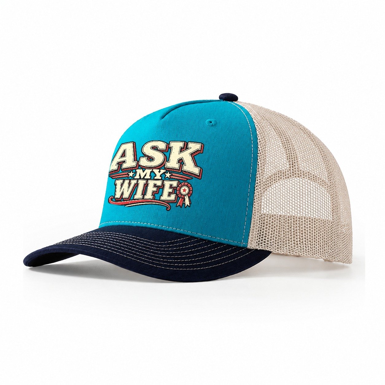 Ask My Wife American Wit Trucker Hat – Teal Navy