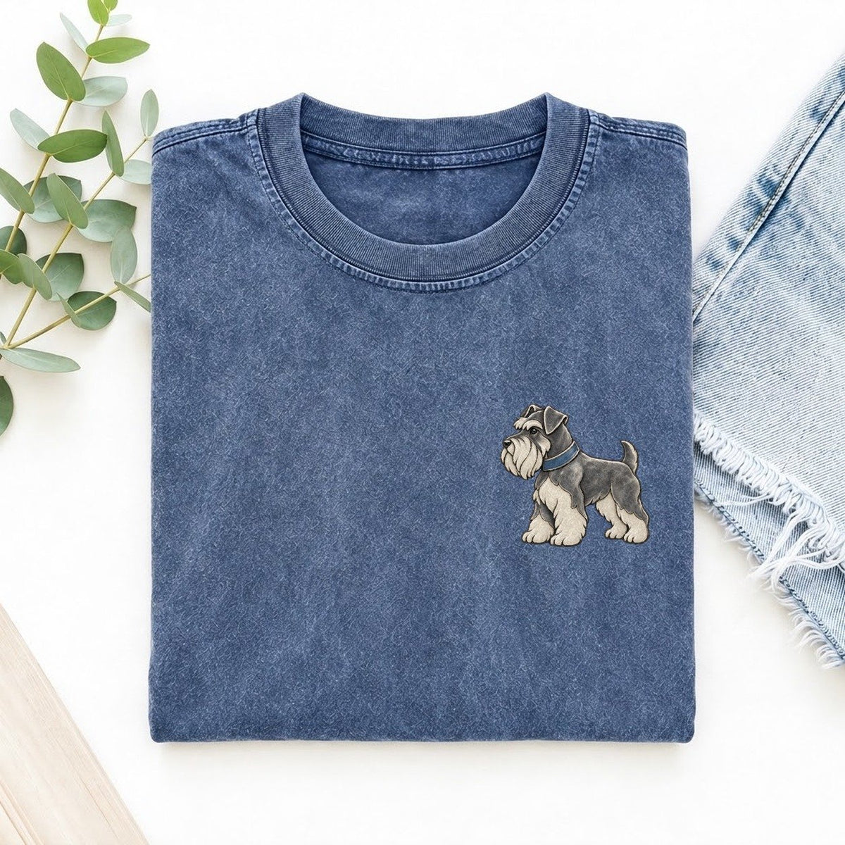 Schnauzer Beard Turn Keepsake Emblem Left Chest Vintage T-shirt – Washed Blue