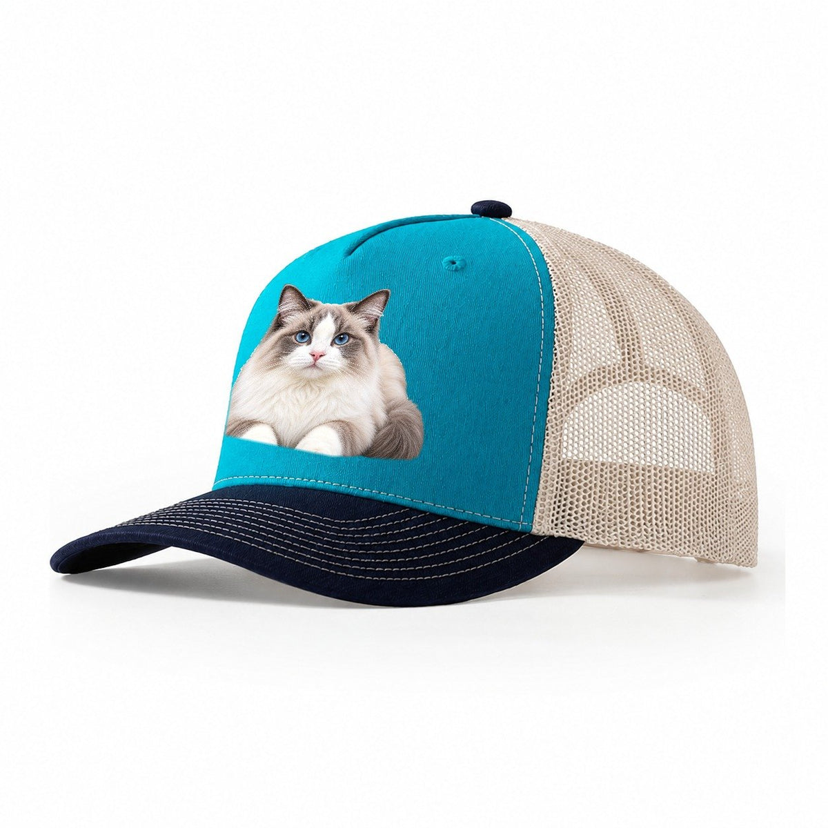 Ragdoll Reclining Paws Forward Realistic Cat Portrait Trucker Hat – Teal Navy