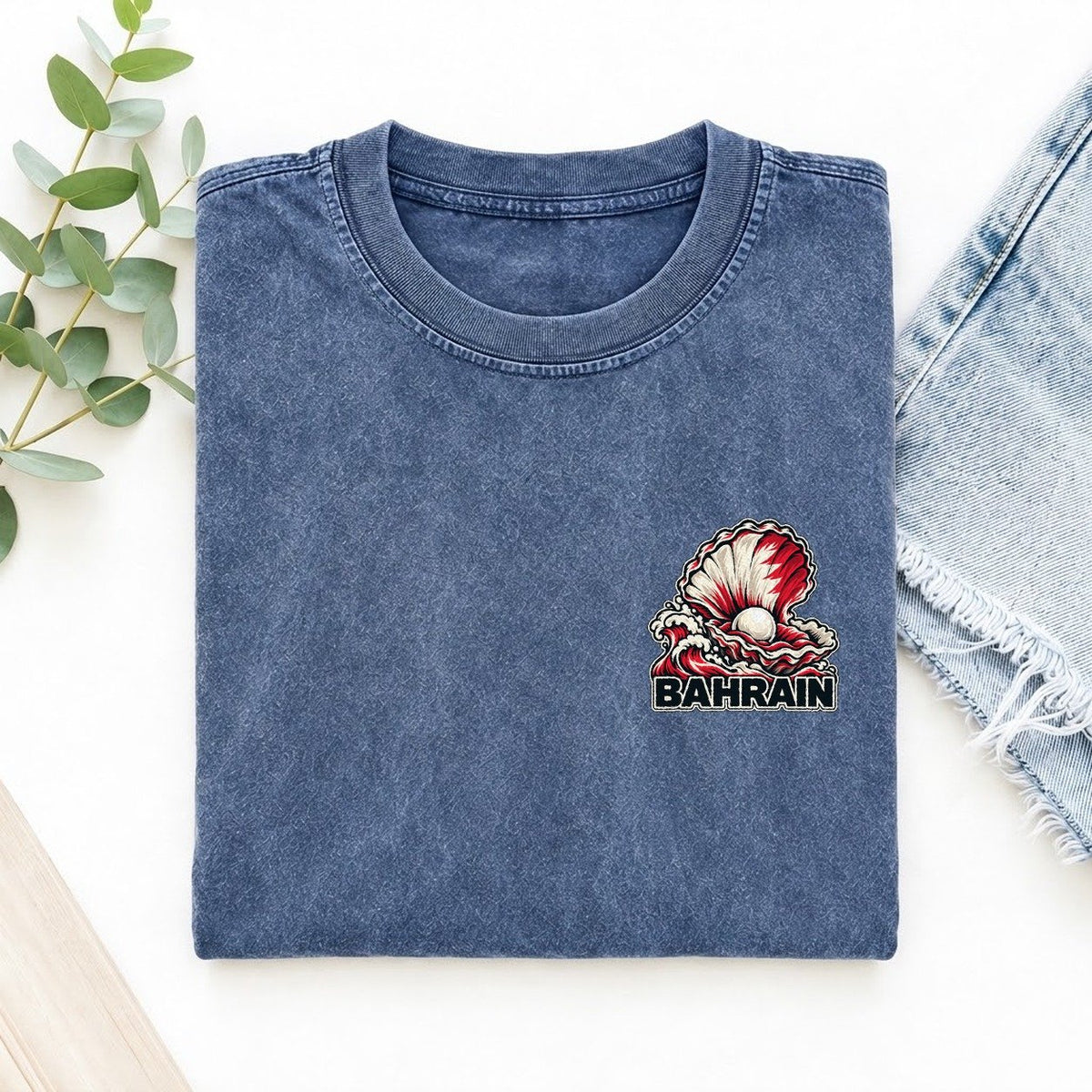 Bahrain Country Pride Left Chest Vintage T-shirt – Washed Blue