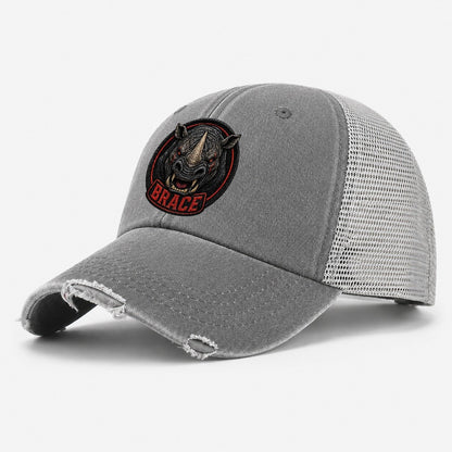 Rhino Brace Badge Washed Trucker Hat – Grey