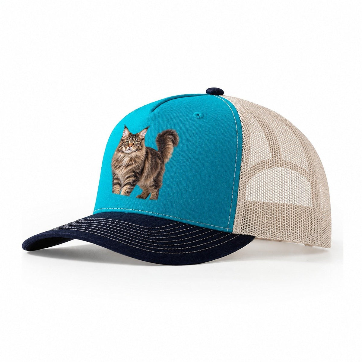 Maine Coon Standing Three Quarter Realistic Cat Portrait Trucker Hat – Teal Navy