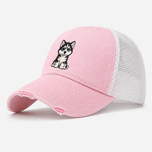 Siberian Husky Sitting Sweetheart Washed Trucker Hat – Light Pink