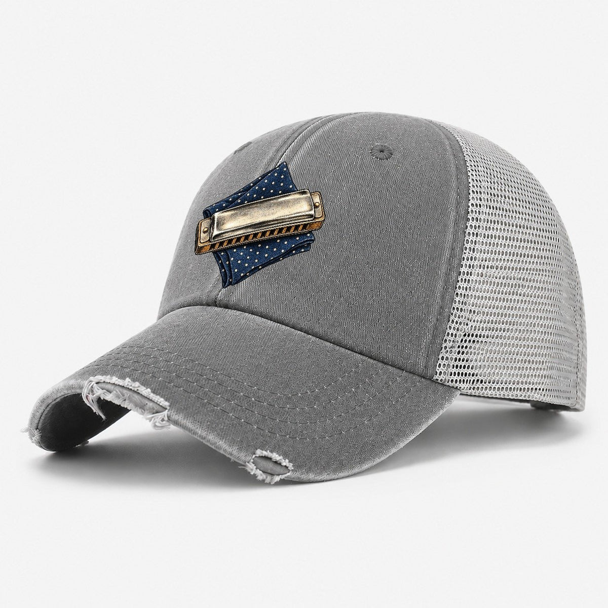 Harmonica Indigo Fold Pastimes Companions Washed Trucker Hat – Grey