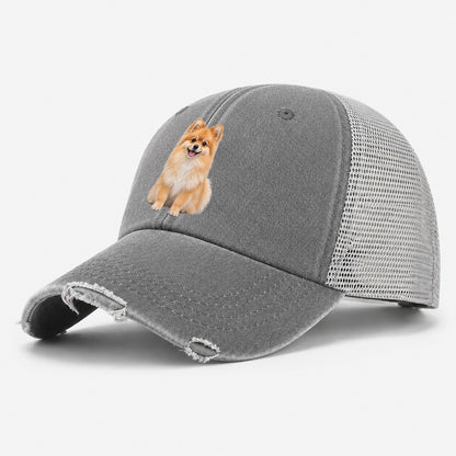 Pomeranian Sitting Top Breeds Washed Trucker Hat – Grey