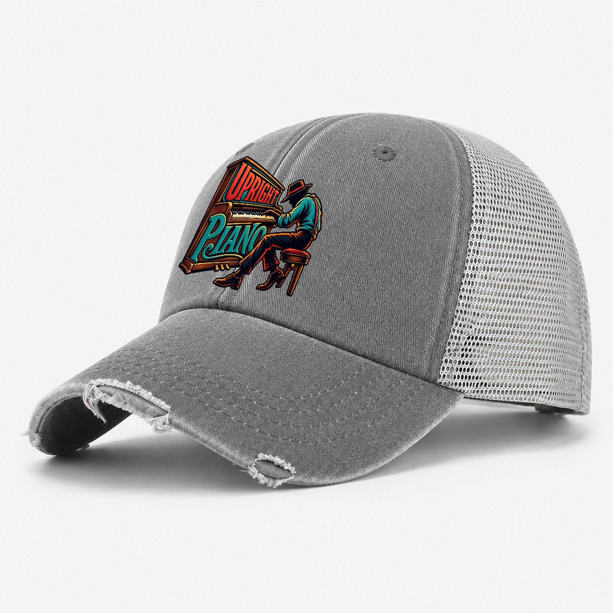 Upright Piano Wordmark Music Instruments Washed Trucker Hat – Grey
