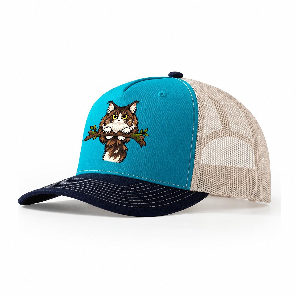 Norwegian Forest Cat Perched Peeking Cats Trucker Hat – Teal Navy