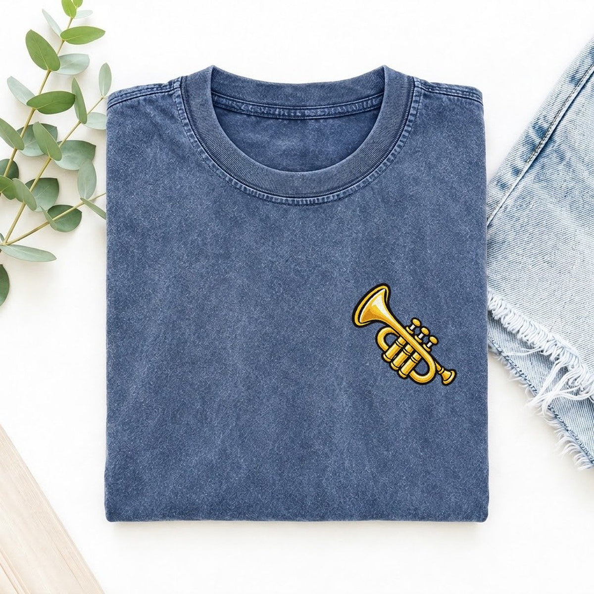 Golden Trumpet Left Chest Vintage T-shirt – Washed Blue
