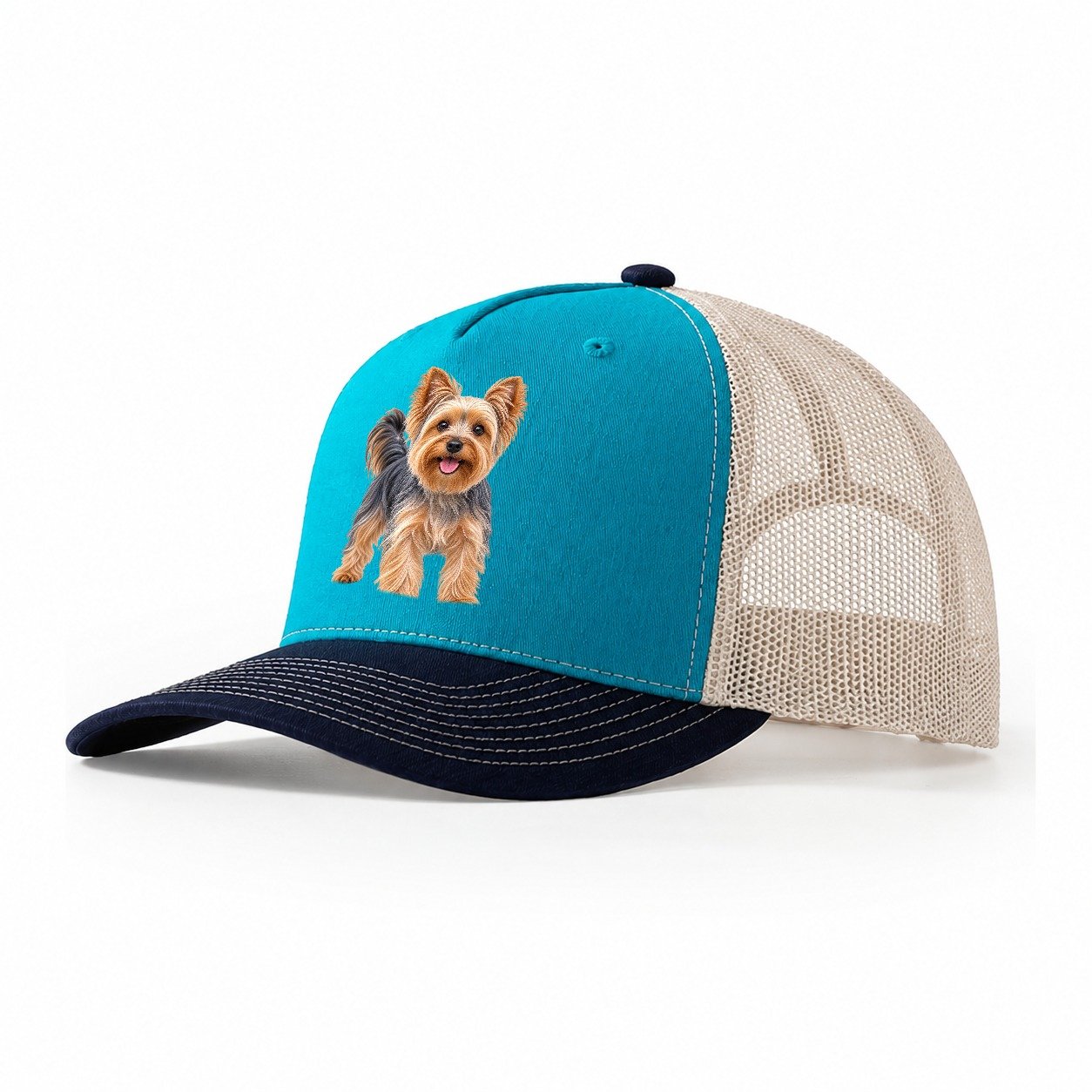 Yorkshire Terrier Standing Top Breeds Trucker Hat – Teal Navy